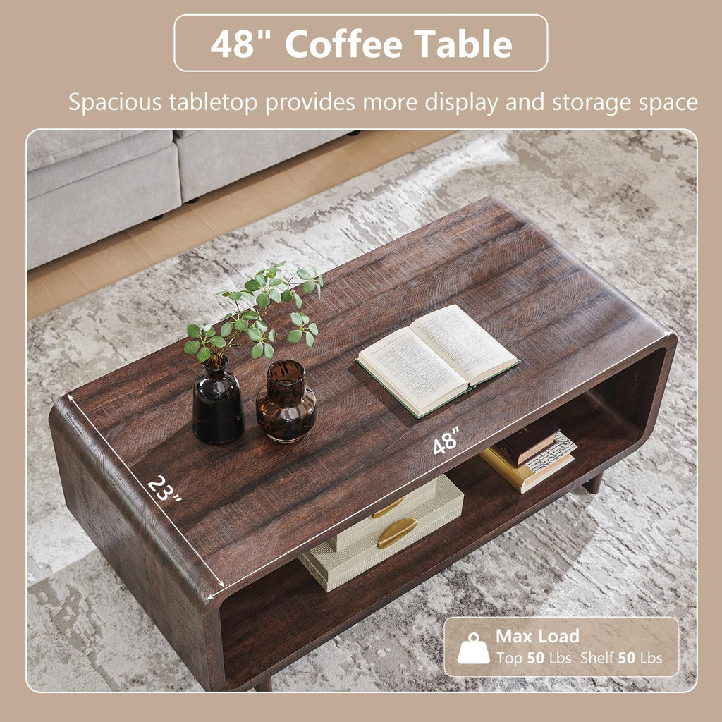 48" Modern Coffee Table, 2-Tier Curved Center Table, Dark Walnut