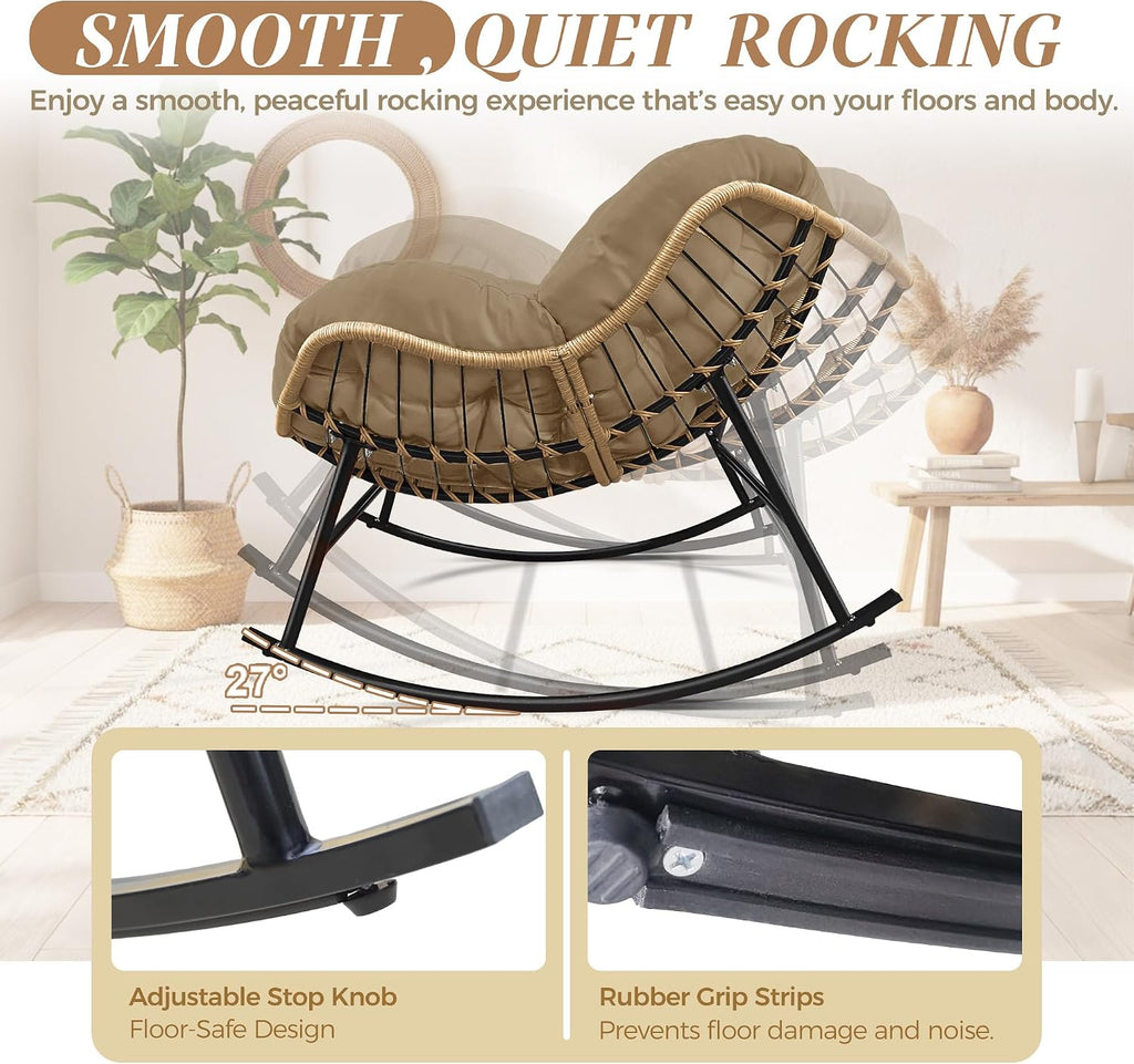 Outdoor Papasan Rocking Chair, Oversized Egg Patio Lounge Chair | 450 Lbs Capacity, Large Size, Brown Rattan Frame