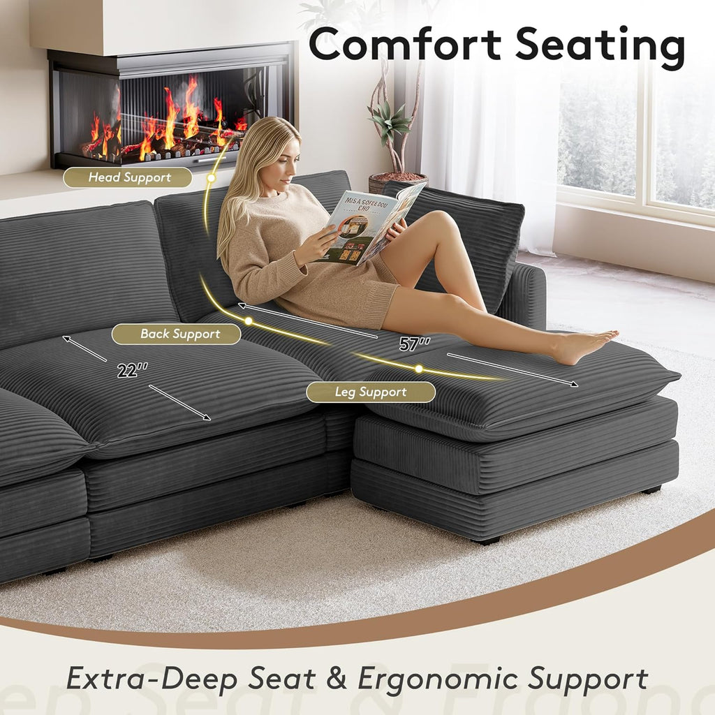 104'' Modular Sectional Cloud Couch with Movable Ottoman, 4 Seat Modern Corduroy Sofa, Deep Seat L Shaped Couch