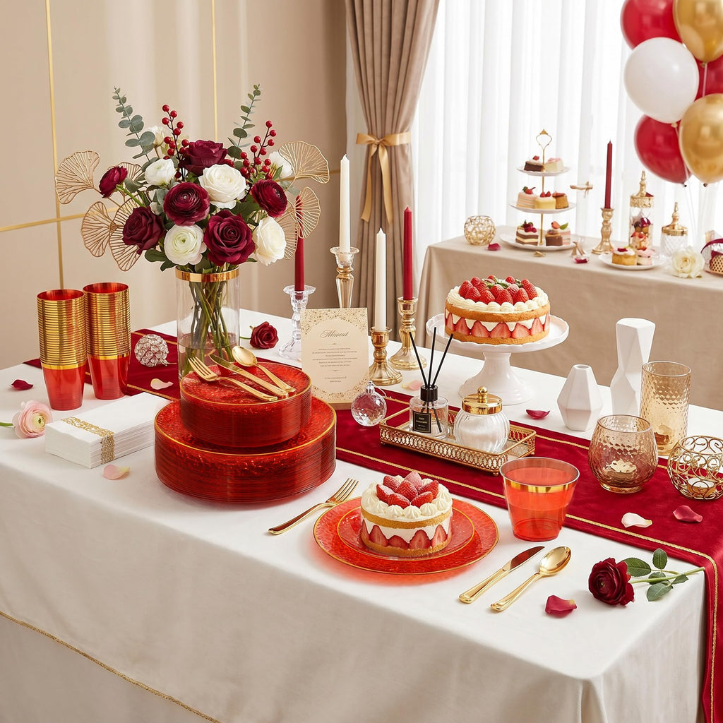 175 Pcs Red Gold Plastic Dinnerware Set (25 Guests) for Christmas
