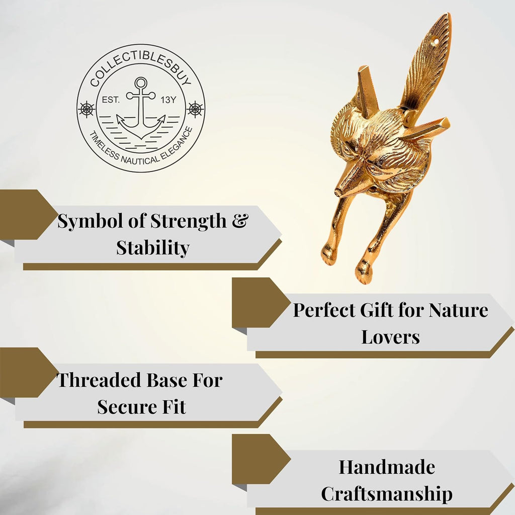 Decorative Gold Fox Head Door Knocker - Solid Brass Animal Front Door Hardware for Home, Cottage & Cabin Entry