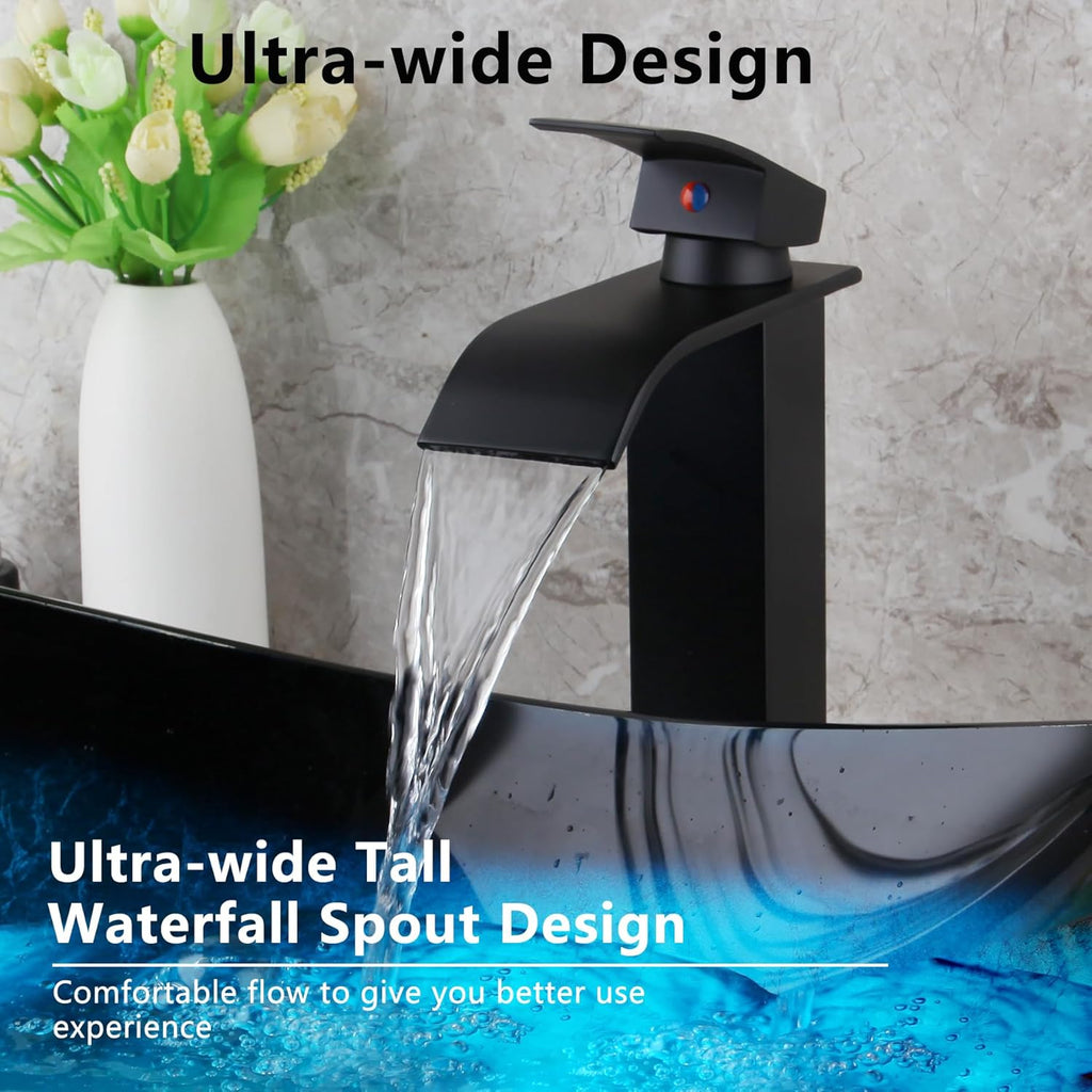 Blue Vessel Sink Oval Glass Vessel Sink with Waterfall Faucet and Pop-Up Drain Boat Shape Bathroom Sink Above