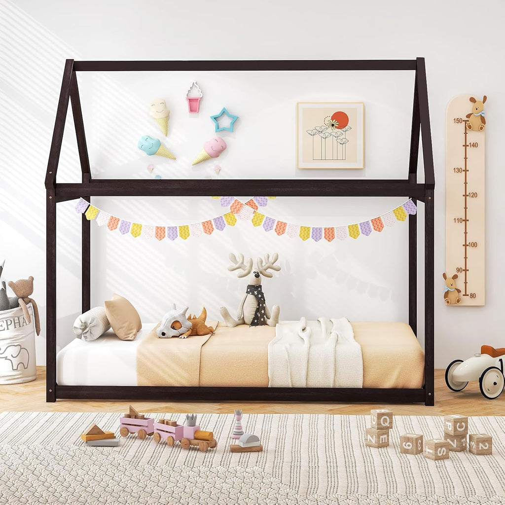 Twin Montessori Bed Frame with House Roof Canopy, Low Floor Bed with Sturdy Wood Slat Support, No Box Spring Needed