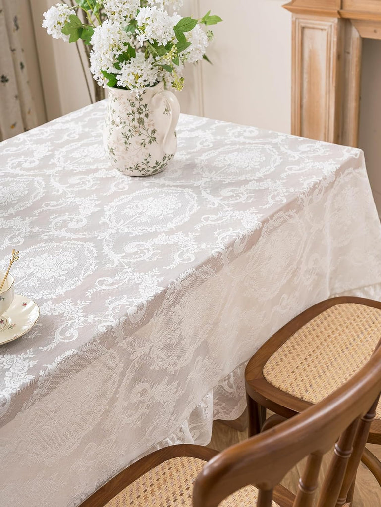 White French Lace Ruffle Tablecloth 60 x 102 Inch with Ruffled Edge, Fits Round and Rectangular Tabl