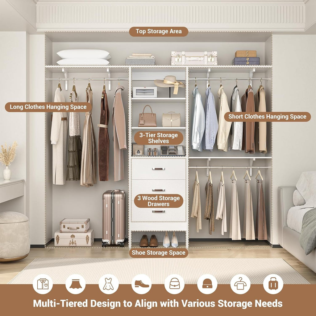 Closet System with Drawer - 8FT Wood Closet Organizer System with 3 Hanging Rods and Shelving Tower, 96" Walk In