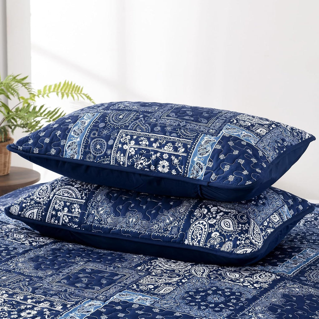 Blue Patchwork Quilt Set,Boho Navy Blue Quilt Set,Paisley Farmhouse Bedspread Soft Microfiber Bedding Set