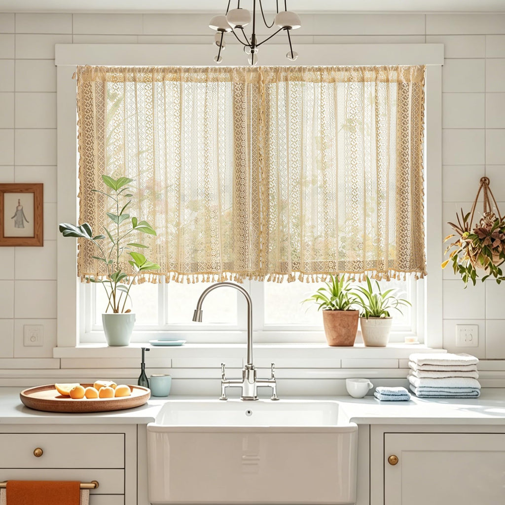 Beige Boho Lace Short Kitchen Curtains 36 inches Long for Cafe Laundry Room, Semi Sheer Window Curtains Farmhouse