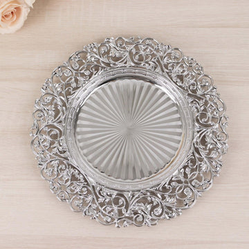 12-Pack Acrylic Charger Plates, Round 13" Silver with Vintage Floral Carved Rim - Decorative Dinner Serving Plates