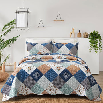Patchwork Quilt Set King,Reversible Blue Floral Bedspreads