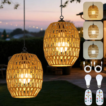 2-Pack Battery Operated Outdoor Chandelier for Gazebo, Boho Rechargeable Chandelier for Porch with Remote LED Bulbs