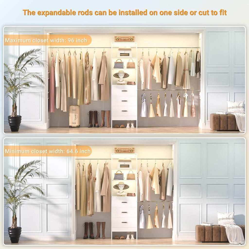 96'' Closet Organizer System with 3 Hanging Rods, 8FT Closet Organizers and Storage with 3 Wooden Drawers, Built in