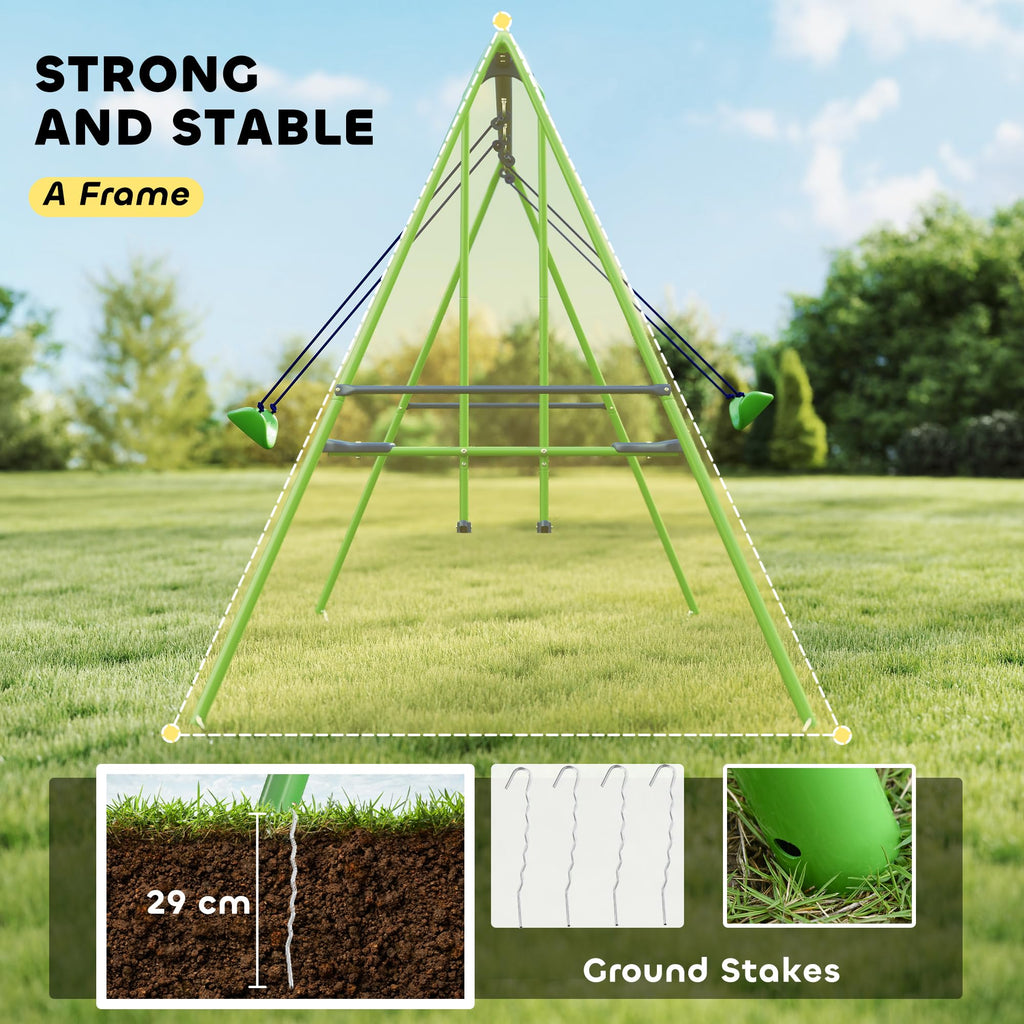 Metal Swing Set with Glider Two S Seats Adjustable Height Green