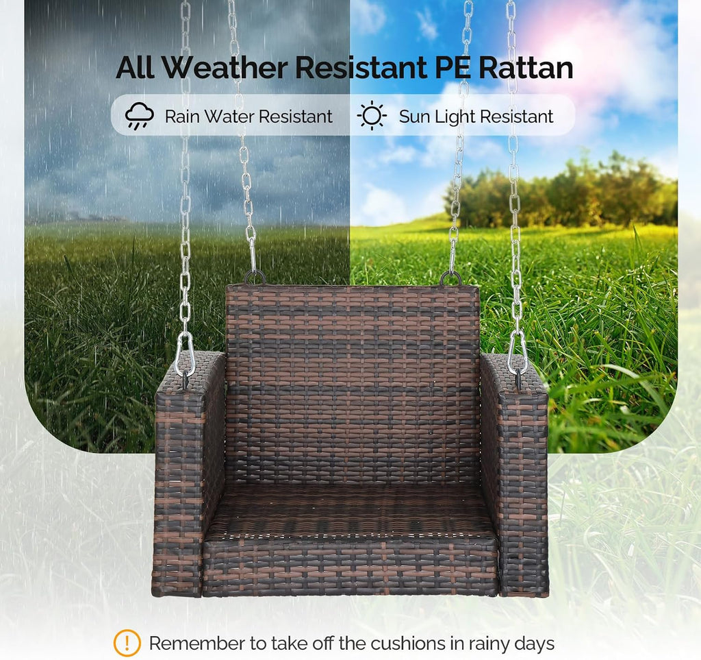 2.2FT Rattan Swing Bench, Outdoor Wicker Hanging Porch Swing (Brown) | 1 Person Patio Bench Swings, Adult Swing for