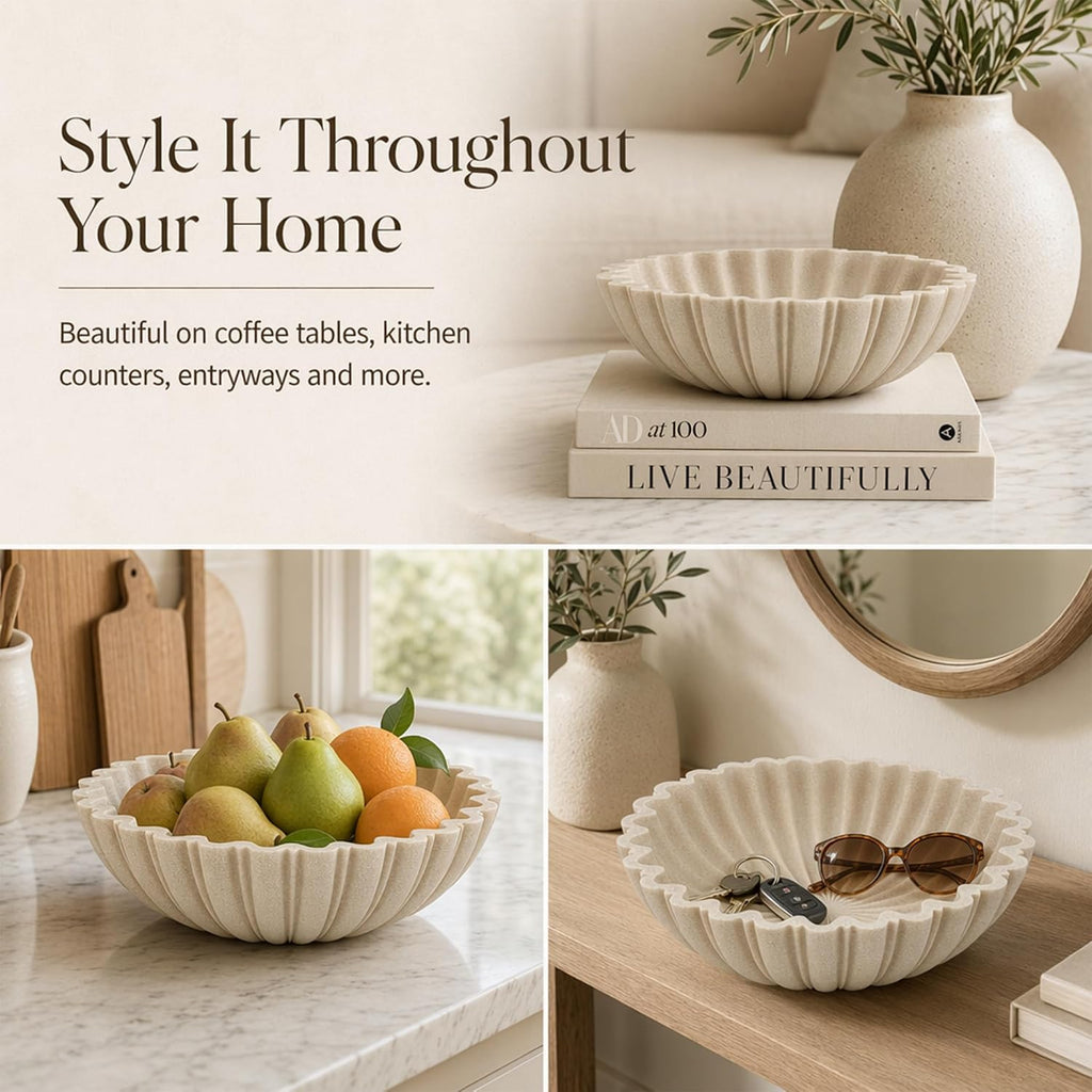 Decorative Bowl Decor, 10.6" Large Modern Beige Scalloped Fruit Bowl for Coffee Table, Entryway Table, Kitchen