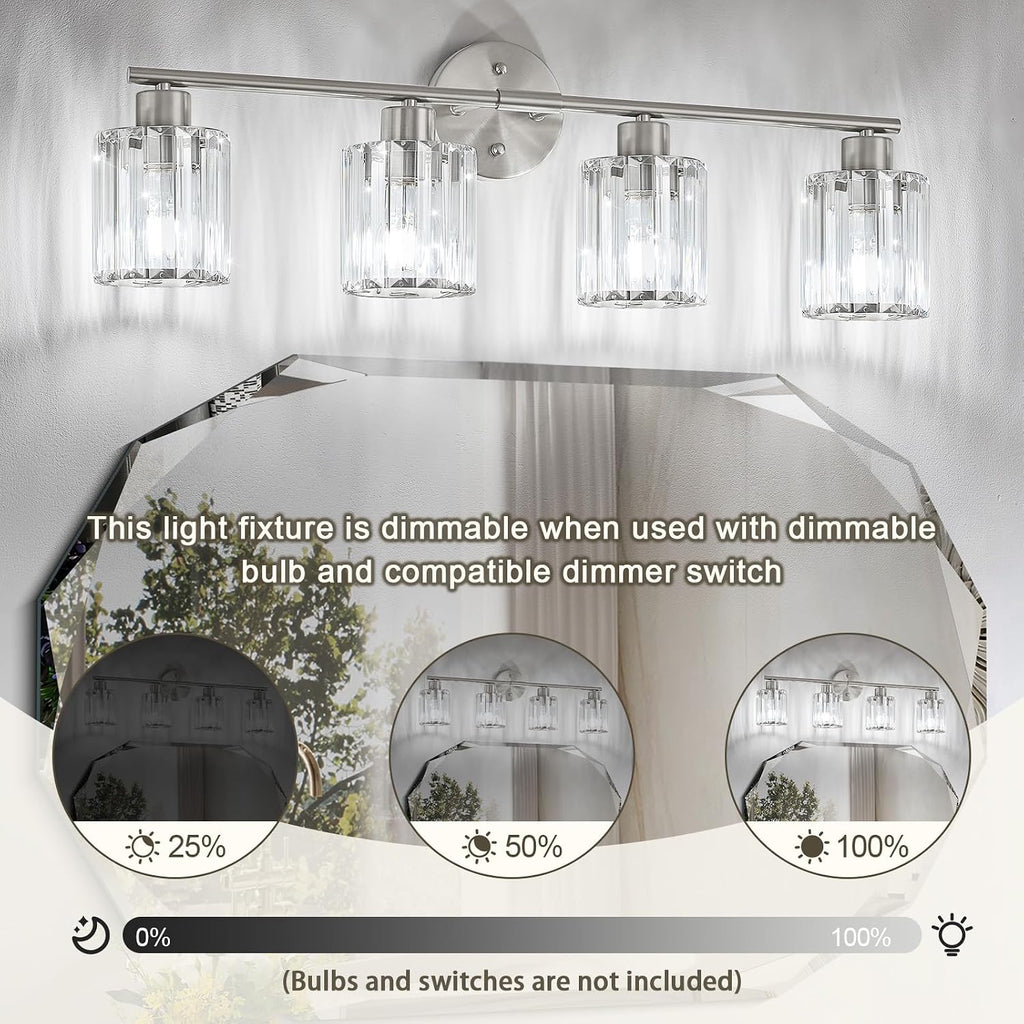 Modern Brushed Nickel Crystal Bathroom Light Fixtures,4-Light | Bathroom Lighting Fixtures over Mirror,Vanity Lights