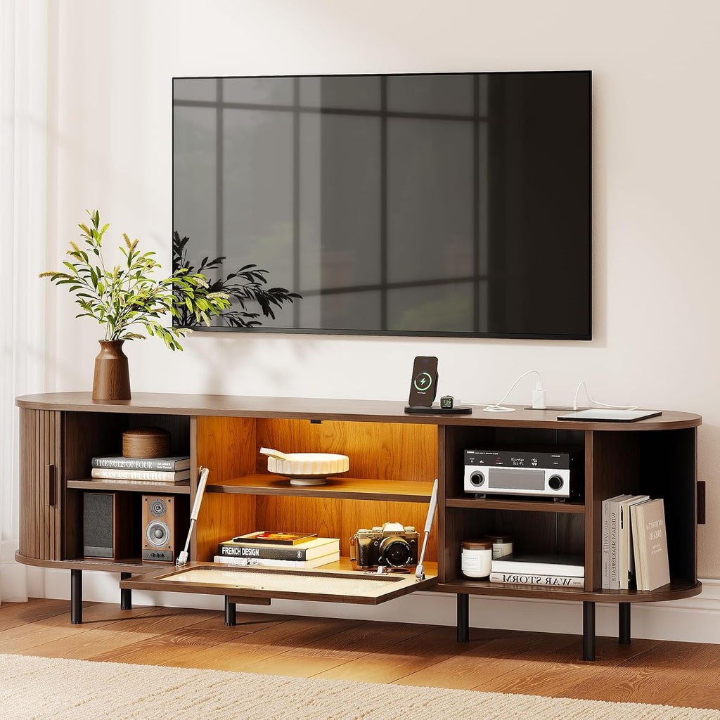 70" TV Stand with Led Lights & Power Outlet for Tvs 80", Entertainment Center with Sliding Door & Thicken Glass Door