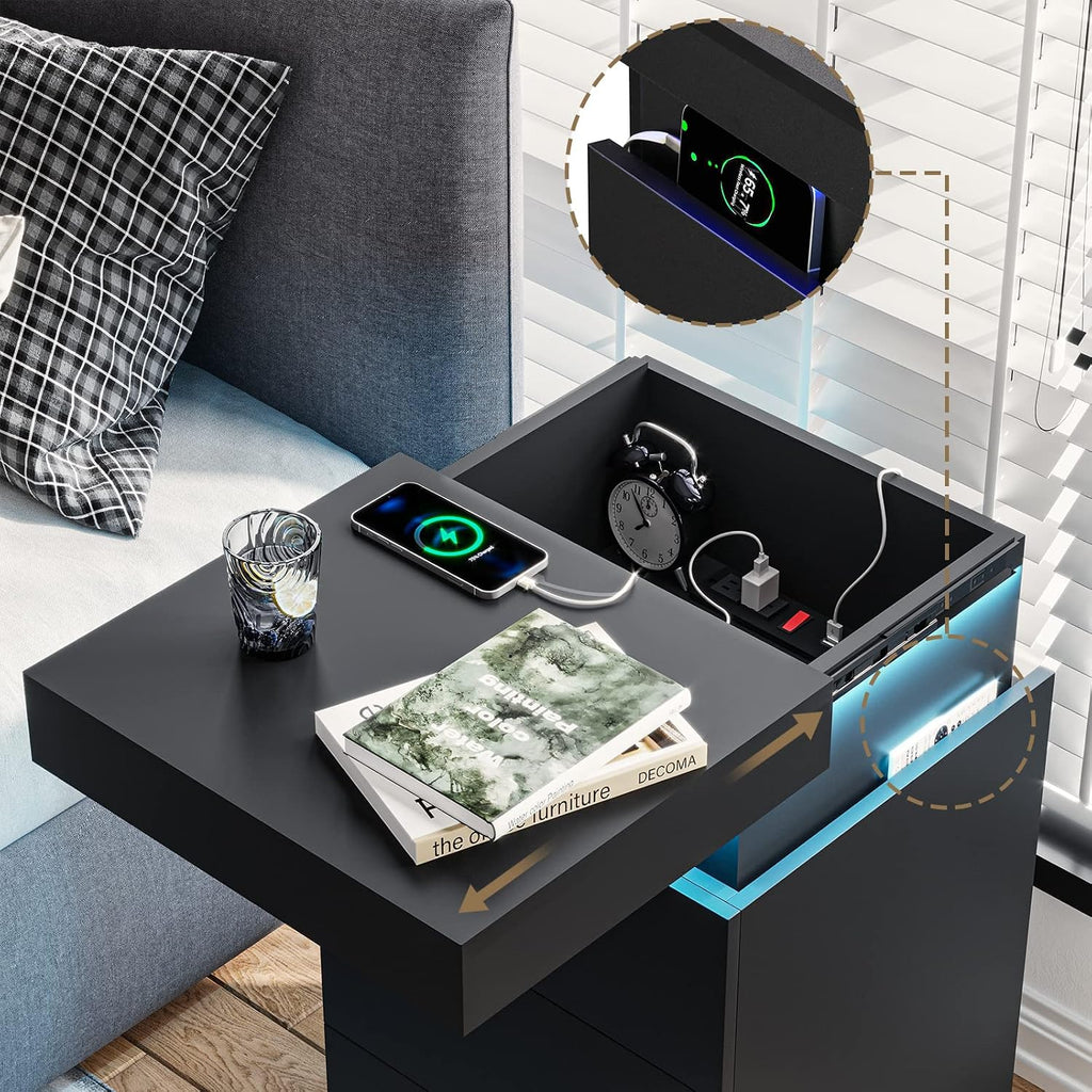 Black Nightstand with Charging Station and LED Lights | Modern Night Stand with Sliding Top,Bedside Table with