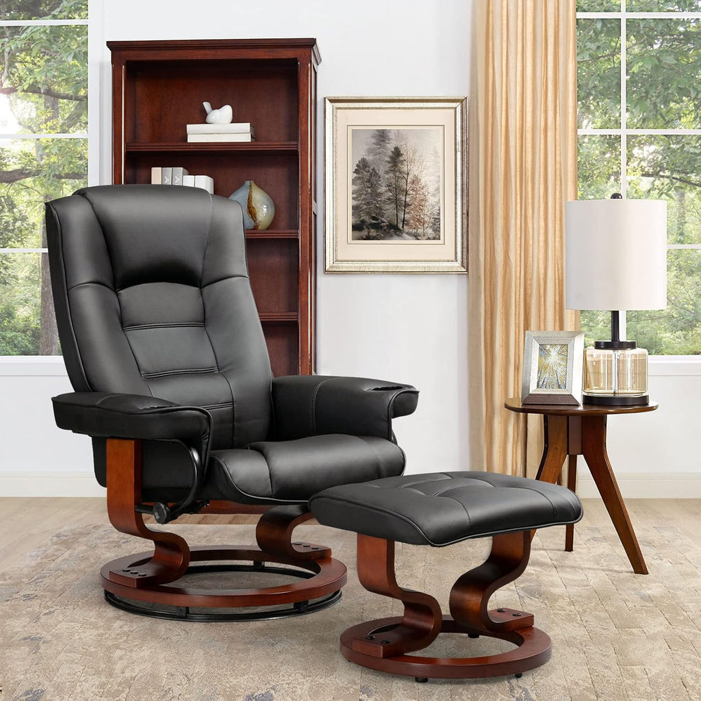 Modern Reclining Swivel Lounge Chair and Ottoman — Black Faux Leather