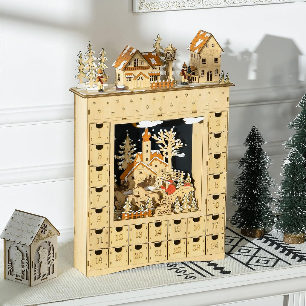 Christmas Advent Calendar Light Up 24 Countdown Drawers Natural