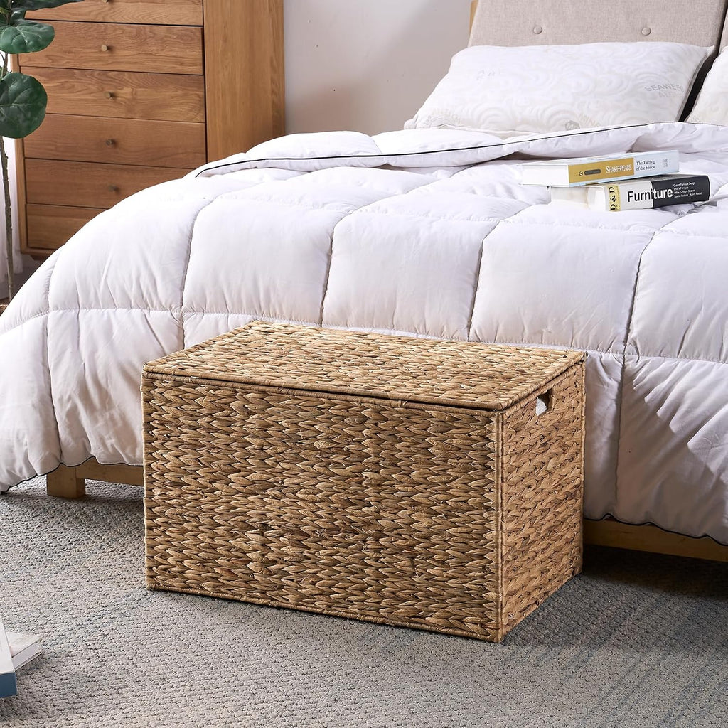 Water Hyacinth Storage Basket with Lid, 52.8 Gallon (200L) Wicker Storage Trunk with Handles, Handwoven Large Wicker