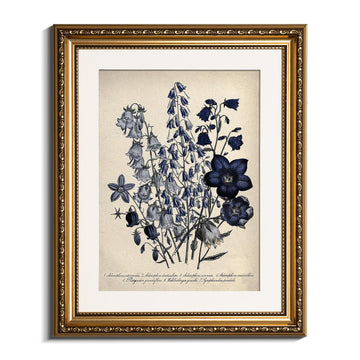Gold Framed Botanical Wall Art Decor, Blue Flower Campanula Pictures Prints, Living Room Bedroom Coastal Room Blue