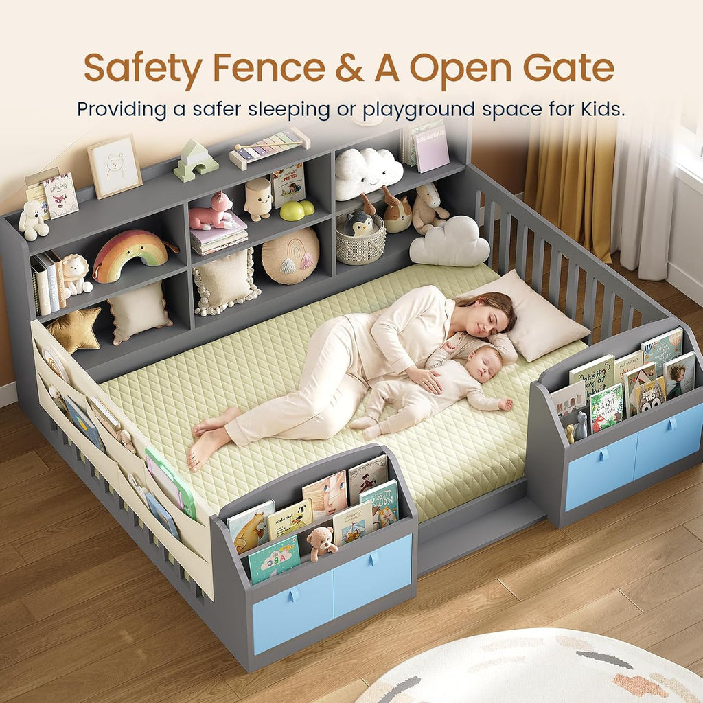 Full Size Floor Wooden Montessori Bed Frame for Kids,Grey | 4 Fabric Drawers, Both Sides Bookshelves, 2-Tier Side