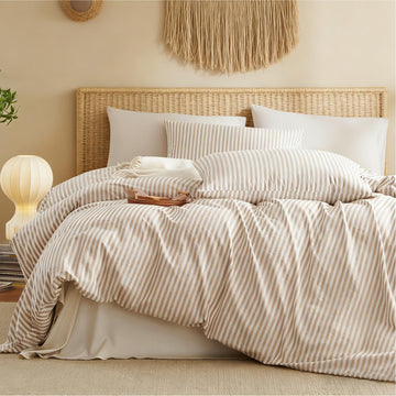 Duvet Cover Set, 100% Washed Cotton Striped Duvet Cover Linen Like Textured Bedding Set, Classic Tannish