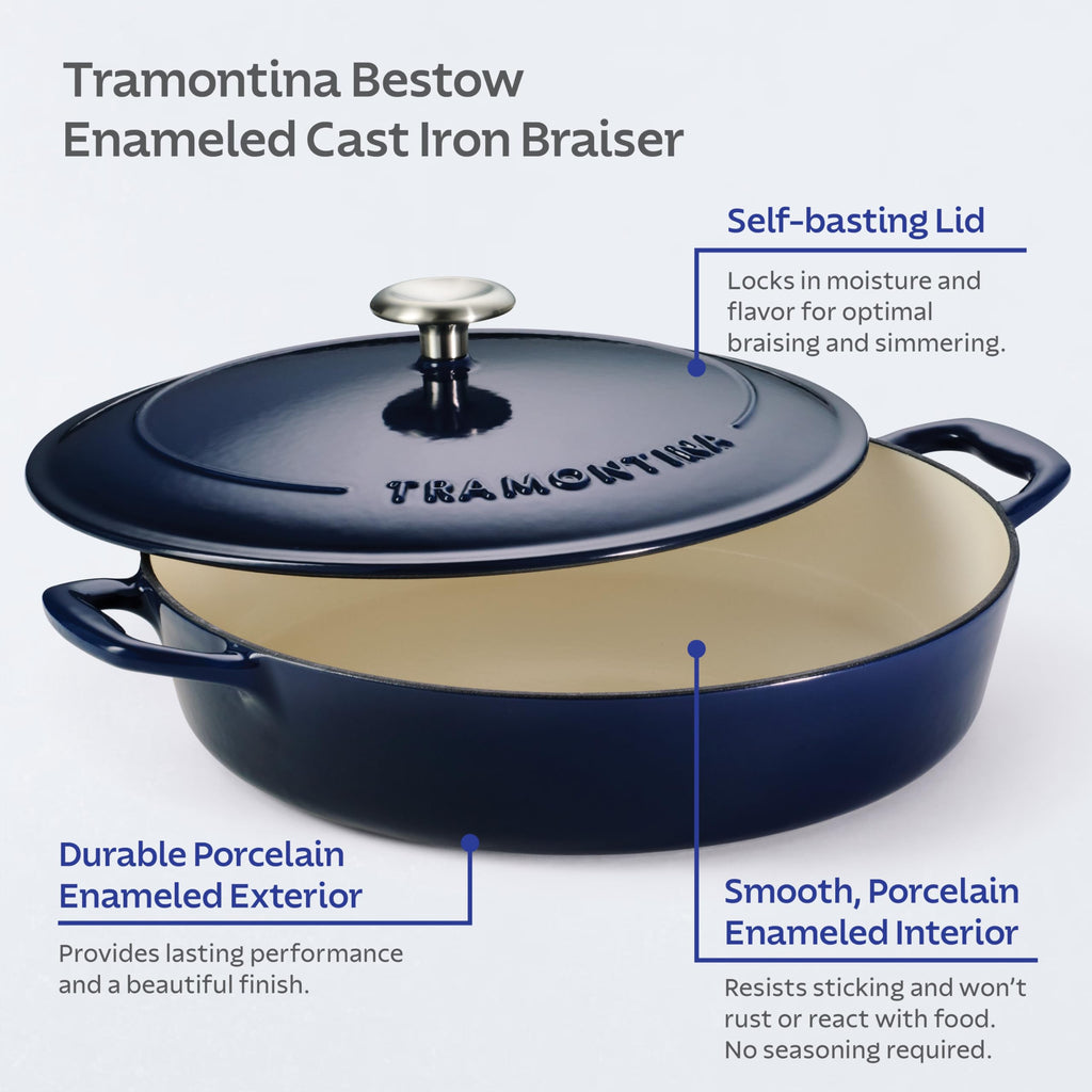Bestow Enameled Cast Iron 4-Qt Braiser Pan with Lid, Blue