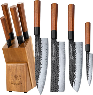 Japanese Knife Set with Block, Kitchen Knives Gift for Men & Women | Hand Forged 5-Layer 9CR18MOV Clad Steel Chef