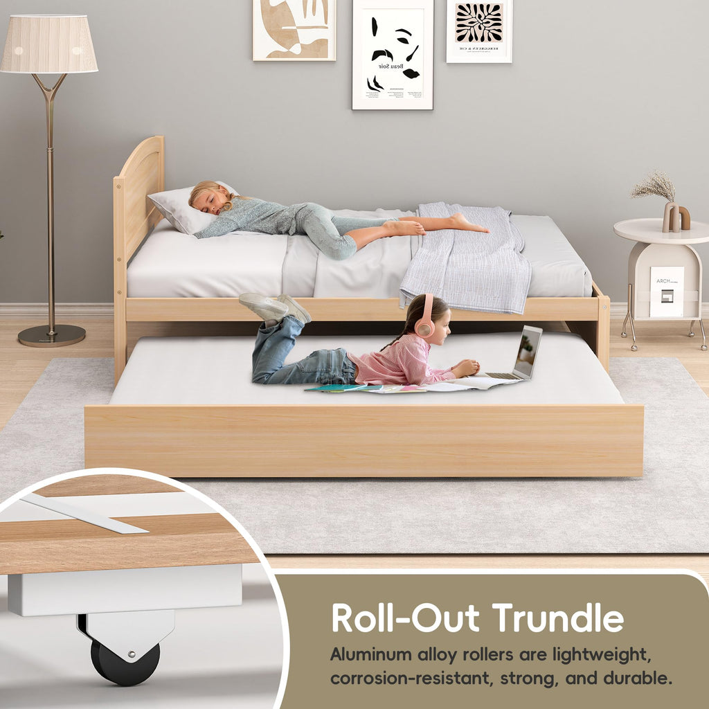 Twin Trundle Bed, Solid Wooden Pull Out Bed Frame, Extendable Day Bed with Headboard and Soild Wood Slats Support
