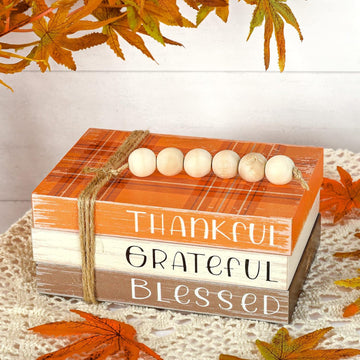 Fall Wooden Tiered Tray Decor Plaid Faux Decorative Stacked Books Bundle Thankful Grateful Blessed Wooden Block Sign