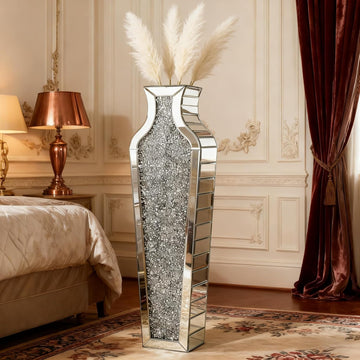 26.8" Silver Tall Crushed Diamond Mirrored Floor Vase with Pampas Grass