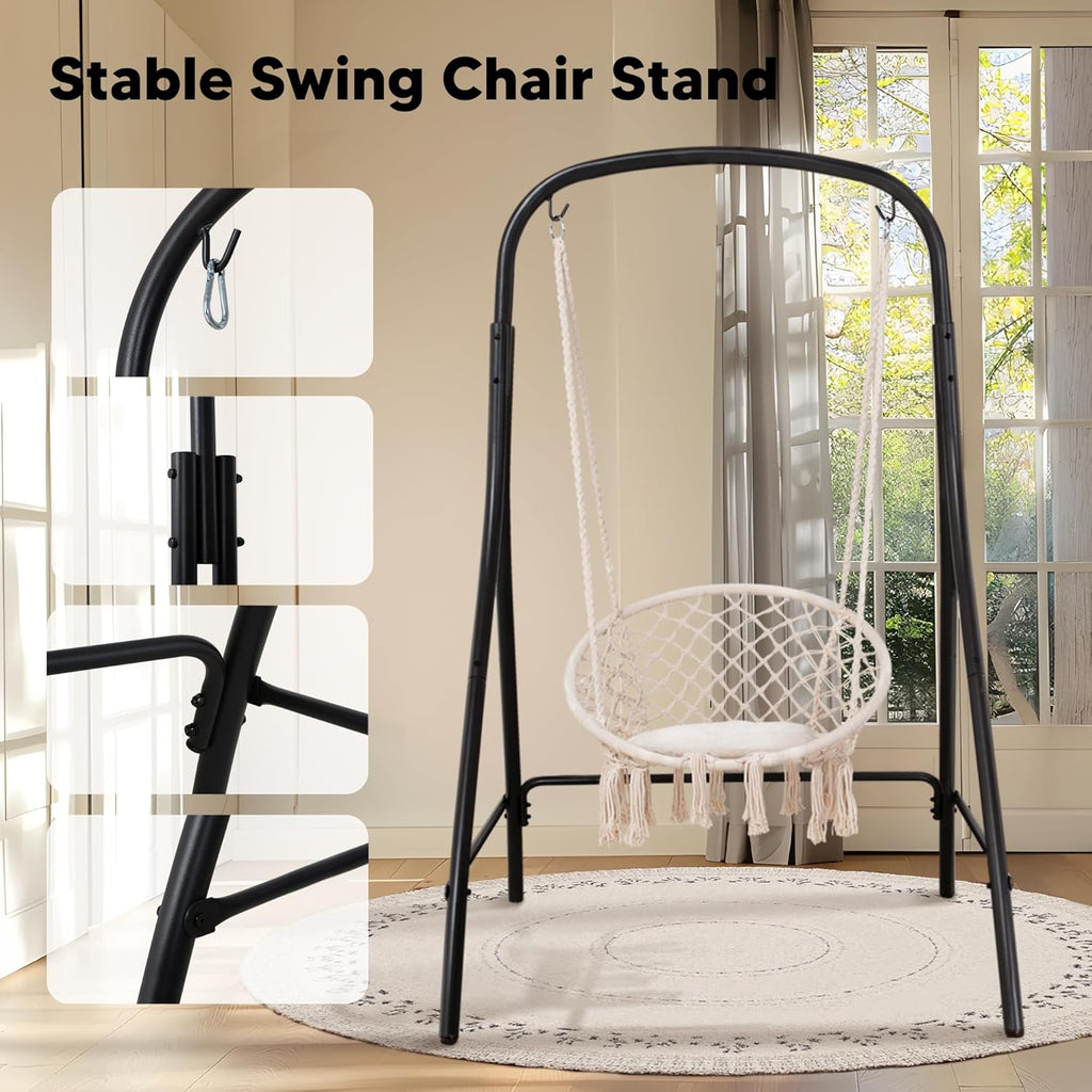 Indoor Hammock Swing Chair with Stand, Hanging Chair Outdoor with Stand, 400 lbs Capacity, Beige