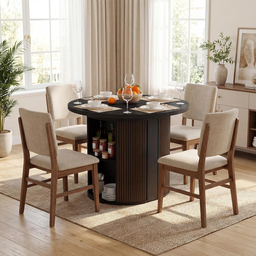 Modern Extendable Round Dining Table, 38.6" to 110.2" Expandable Fluted Table for 2-12 People with Storage, Space