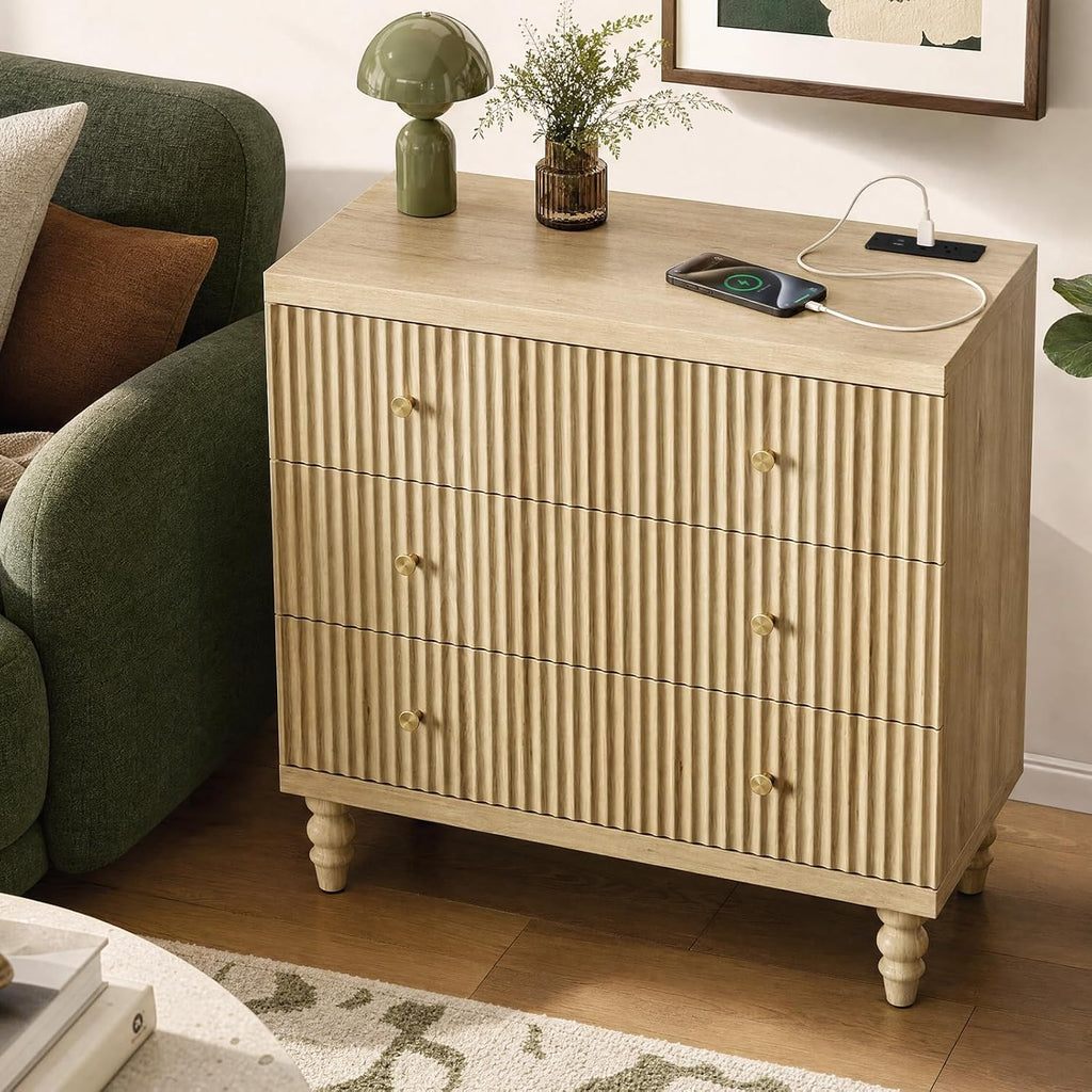 Buffet Cabinet with Storage, 31" Tall Fluted Accent Sideboard Cabinet with 3 Drawers, Mid-Century Modern Accent