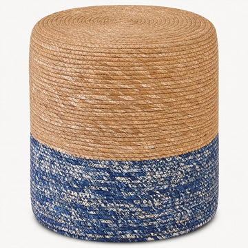 Natural Seagrass Foot Stool, Hand Weaving Round Ottoman, Outdoor Seat (Natural & Blue)