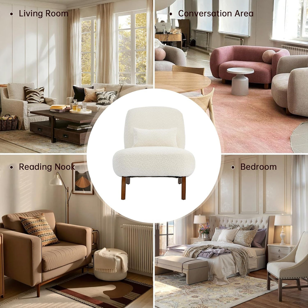 Boucle Chair, Upholstered Accent Chair Tilted Wooden Leg with Durable Comfy Boucle Pet-Friendly Thick Cushion &