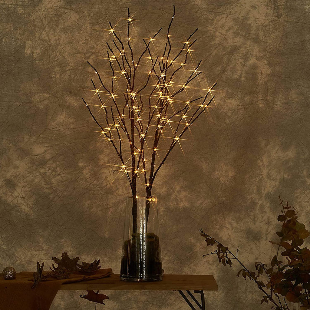 Lighted Brown Branches with Timer 32 in 100 LED for Vases Battery Operated, Artificial Willow Branch Twigs with Warm