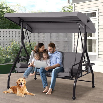 Porch Swings with Adjustable Canopy, 3 Seat Outdoor Swing Bed, Gray | Heavy Duty Porch Glider Bench with Stand