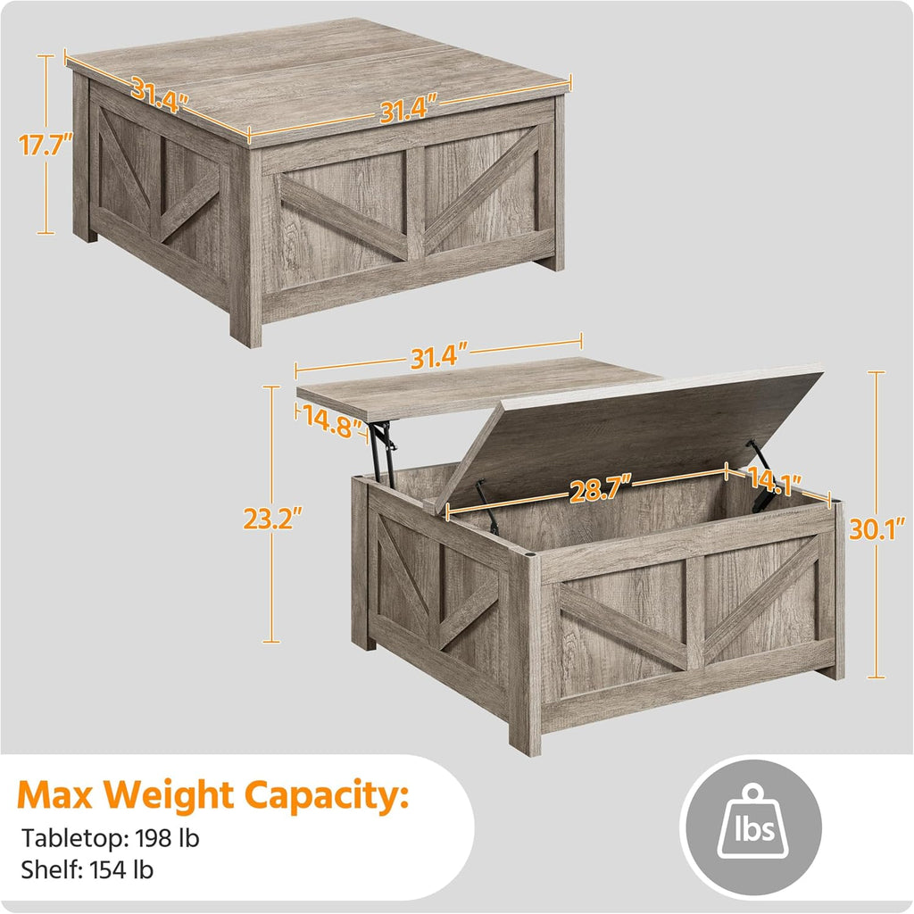 Lift Top Coffee Table, Square Farmhouse Coffee Table with Hidden Storage Compartment, Wood Center Table, Gray