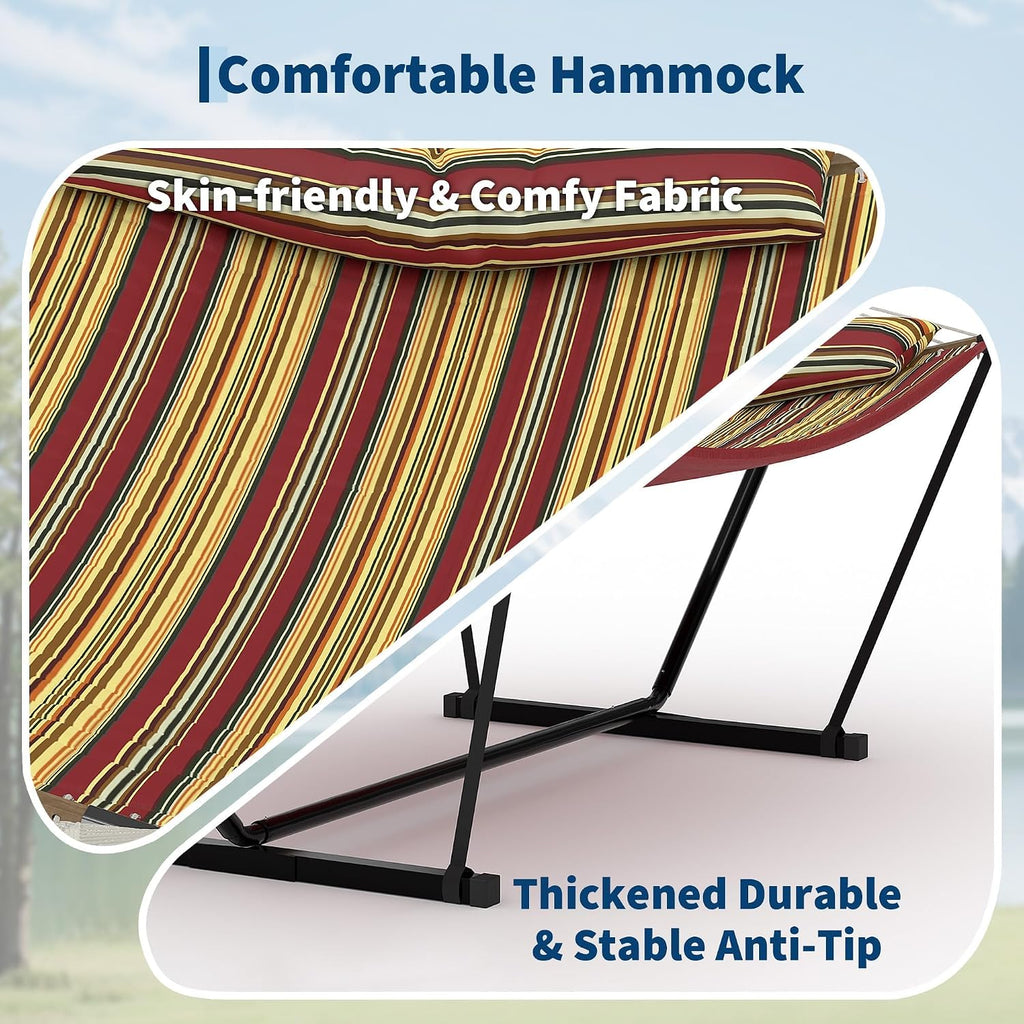 2 Person Heavy Duty Outdoor Hammock with Stand, Portable Double Hammock with Hardwood Spreader Bar, Pillow & Balance