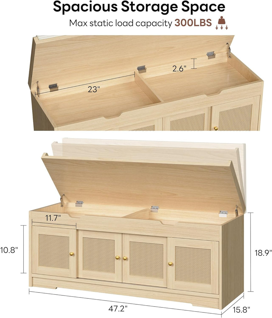 47.2" Shoe Bench with Lift Top Storage, Entryway Bench with Cushioned Seat, 2-Tier Rattan Shoe Cabinet with