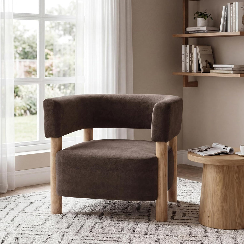 Carly Low Profile Accent Chair, Boucle Upholstered Barrel Chair, Comfy Reading Chair , Wooden Single Lounge Sofa