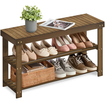 Shoe Rack Bench, 3-Tier Bamboo Entryway Bench, 35.2 Inches Width