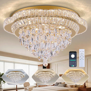 24 inch Crystal Chandeliers With Remote and APP Control, Modern Luxury Flush Mount Gold Ceiling Light, 3CCT Dimmable