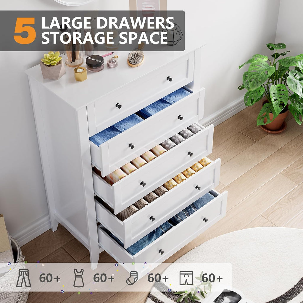 White 5-Drawer Dresser , 42.7"H Storage Drawers Organizer | Modern Lacquered Chest of Drawers, 15.8"D x 31.5"W x