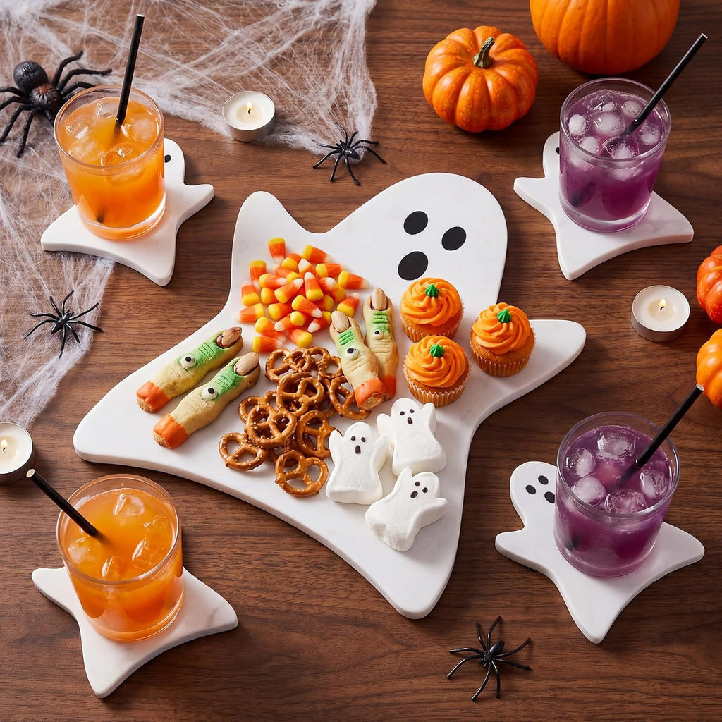 Halloween Ghost Marble Cheese Board with 4 Ghost Coasters Set Charcuterie Cutting Tray Halloween Marble Serving