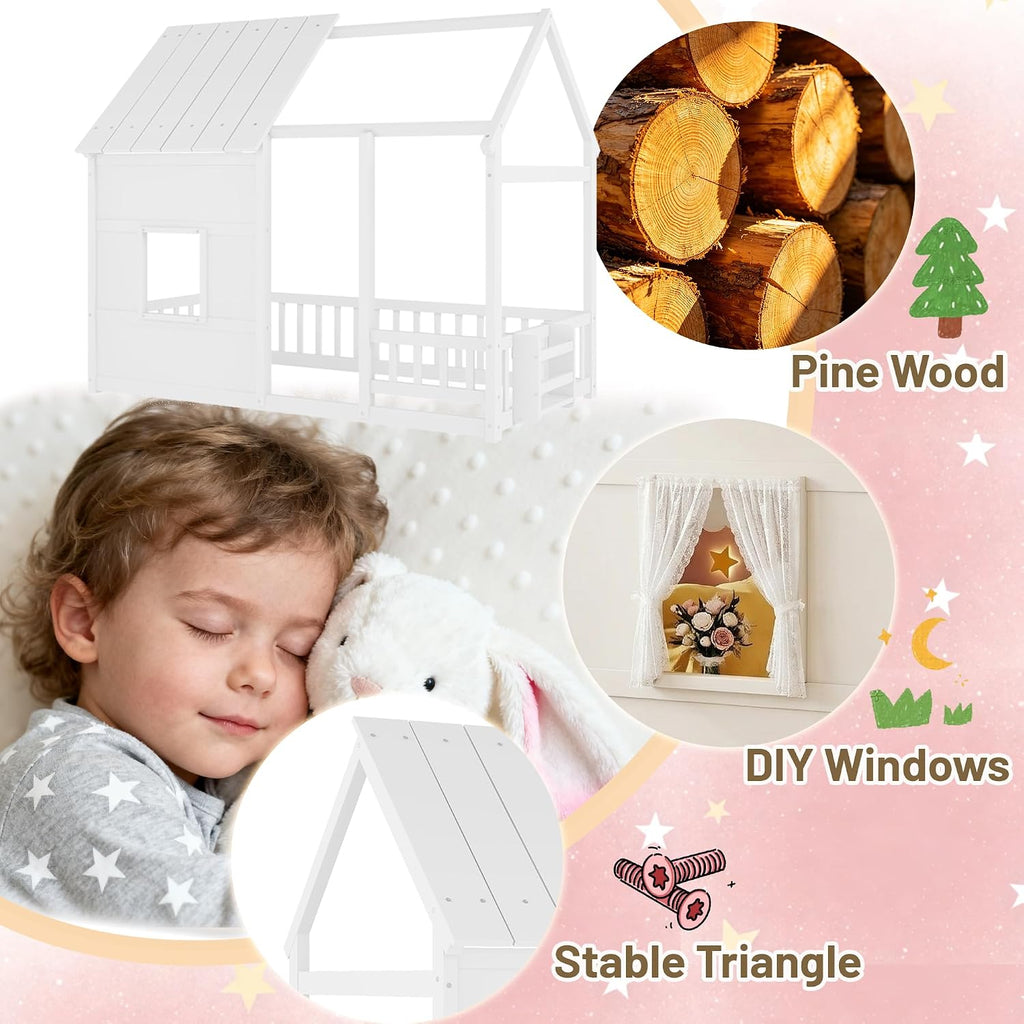 Tw Bed with LED Light and Bookcase, White House Bed for Kids with Rails, Roof and Window, Wood Twin Montessori Floor