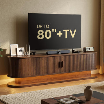 70" TV Stand up to 80 Inch, Entertainment Center with LED Lights and Storage, Mid Century Modern Fluted TV Console