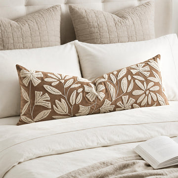 14x36 Fall Lumbar Pillow Cover for Bed, Brown Rectangular Long Throw Pillowcase, Embroidered Velvet Floral Tufted